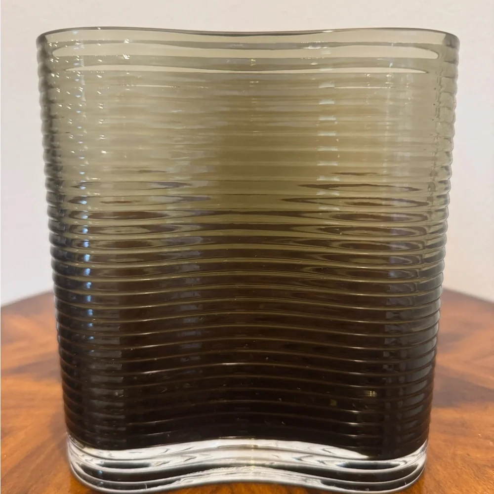 Mid-Century Wavy Glass Vase in Smoky Green/Gray Hand Blown In Poland 8” - Picture 3 of 7
